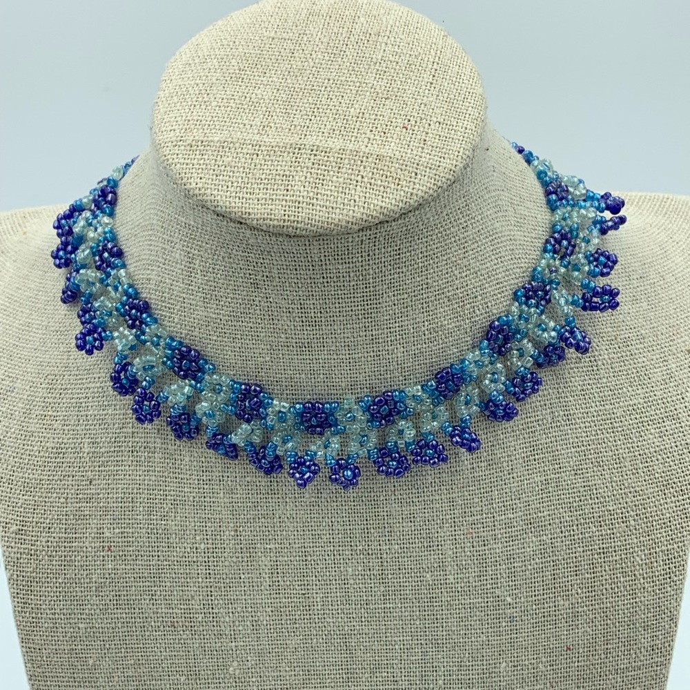 Blue beaded woven necklace